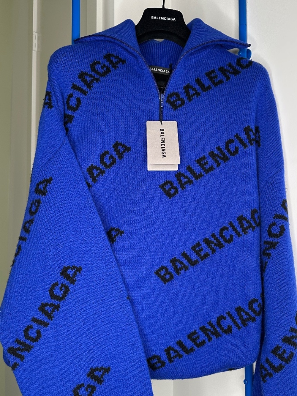 Balenciaga Cobalt Blue Logo Intarsia Half Zip Sweater